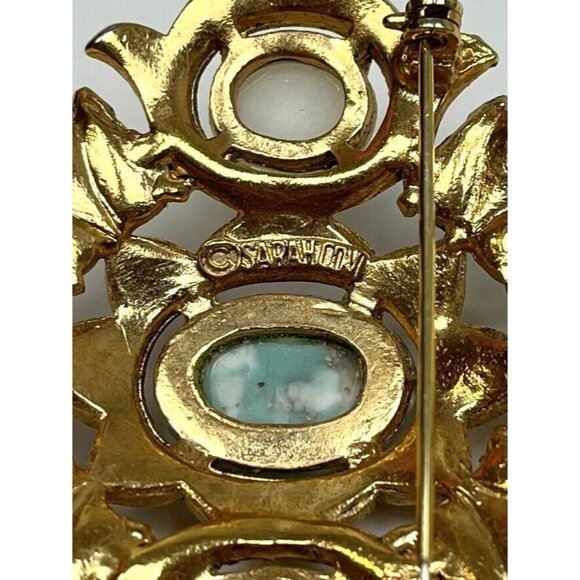 VTG SARAH COVENTRY 3" Diamond-Shape Goldtone Turquoise Pearl Remembrance BROOCH - Picture 5 of 5